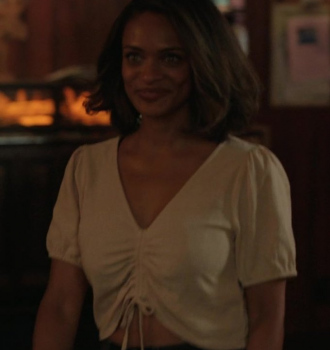 Solid Drawstring V-Neck Crop Top of Kandyse McClure as Kaia Outfit Virgin River TV Show