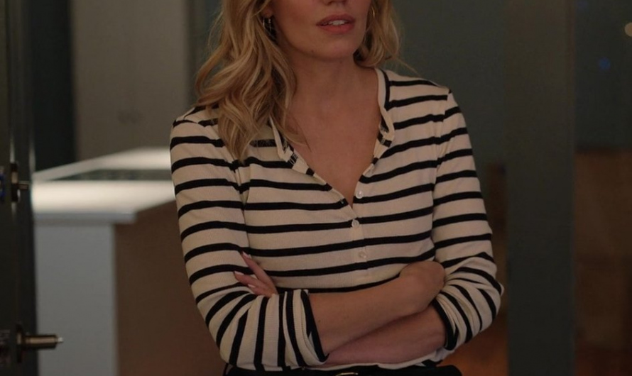 Ivory – Navy Striped Long Sleeve Henley Shirt Worn by Zibby Allen as Brie Sheridan