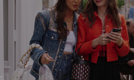 Crystal Stud Embellished Denim Jacket and Shorts Set of Ashley Park as Mindy Chen Outfit Emily in Paris TV Show