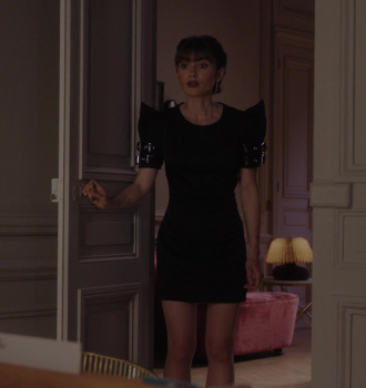 Black Buckle-Trim Pointed-Shoulder Mini Dress Worn by Lily Collins as Emily Cooper Outfit Emily in Paris TV Show