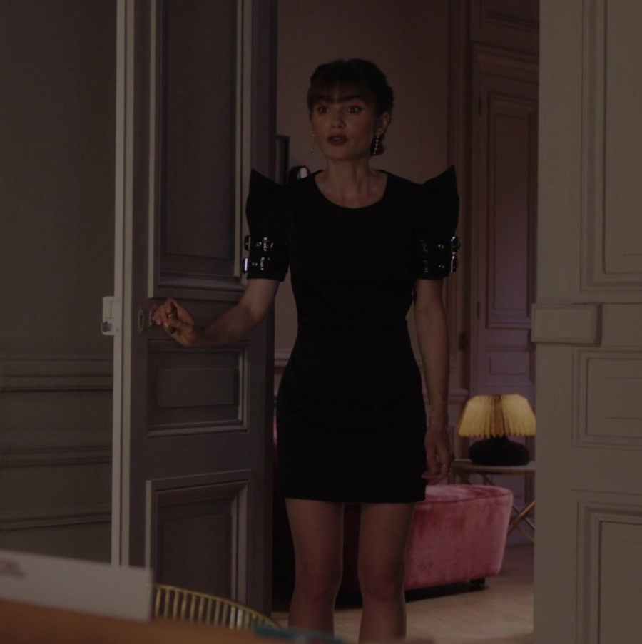 black buckle-trim pointed-shoulder mini dress - Lily Collins (Emily Cooper) - Emily in Paris TV Show