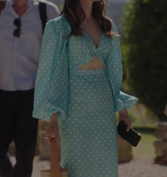 Blue Polka Dot Print Cut Out Long Sleeve Dress Worn by Lily Collins as Emily Cooper Outfit Emily in Paris TV Show