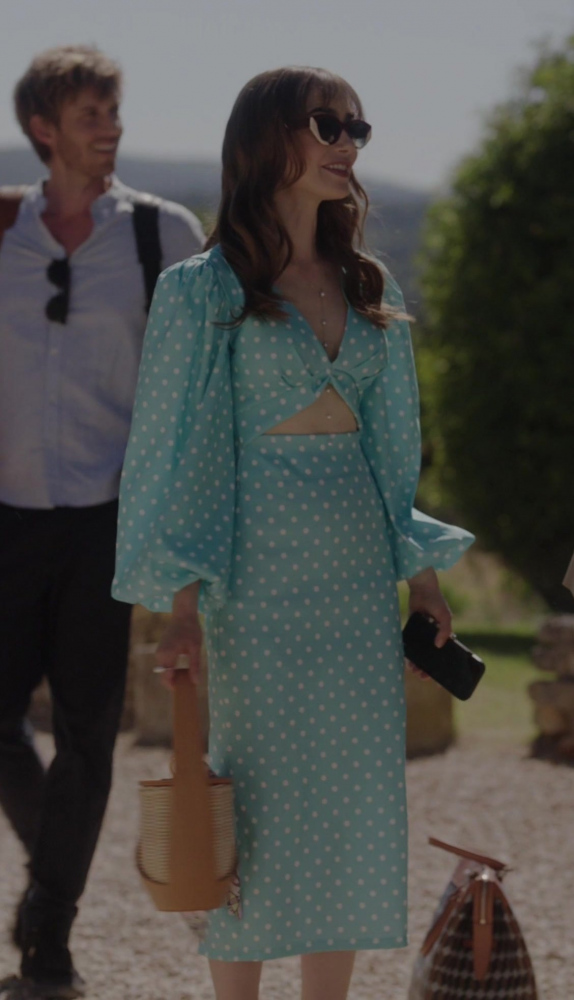 blue polka dot print cut out long sleeve dress - Lily Collins (Emily Cooper) - Emily in Paris TV Show