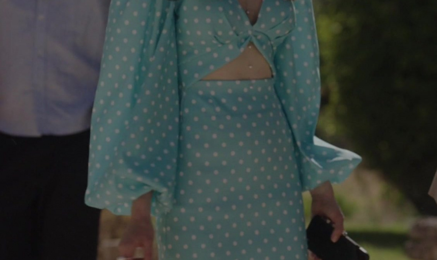 Blue Polka Dot Print Cut Out Long Sleeve Dress Worn by Lily Collins as Emily Cooper