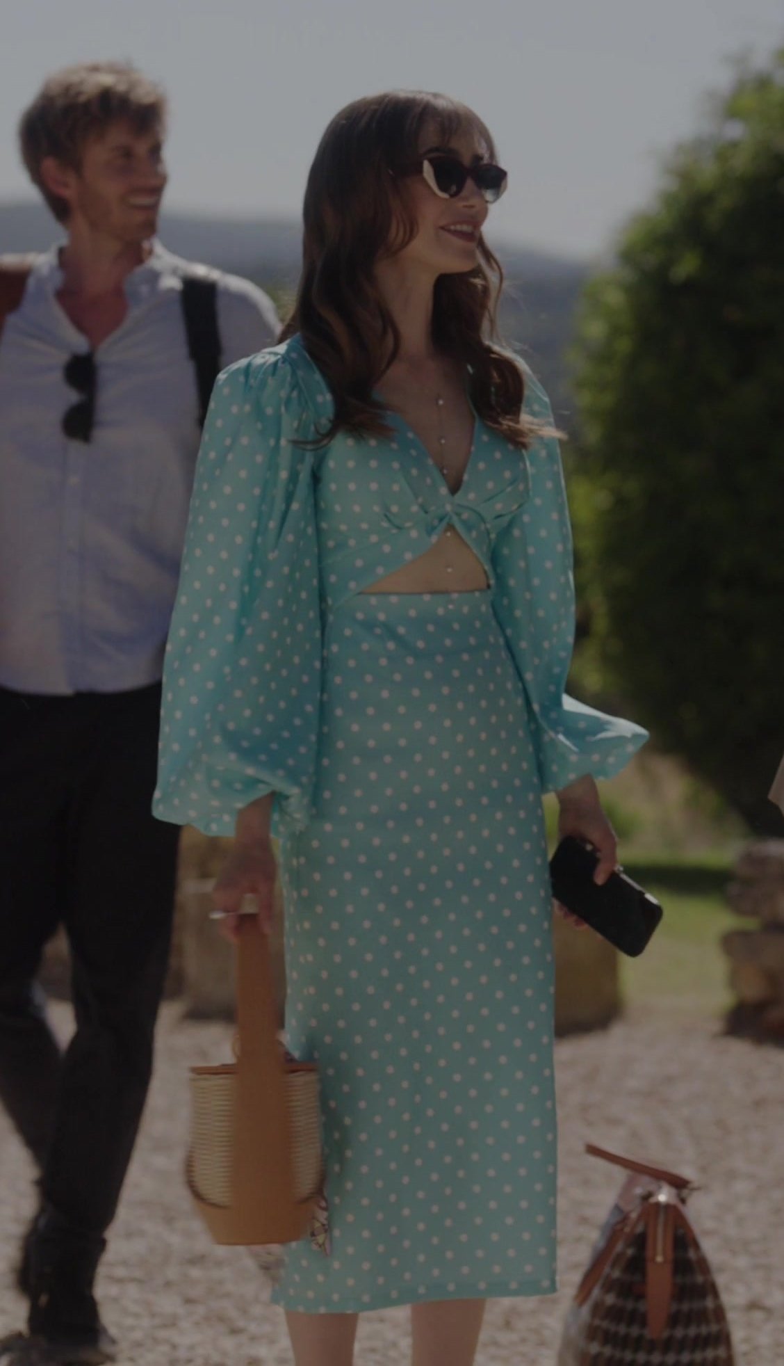 Blue Polka Dot Print Cut Out Long Sleeve Dress Worn by Lily Collins as Emily Cooper