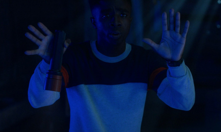 Blue and Grey Sweatshirt of Caleb McLaughlin as Lucas Sinclair Outfit Stranger Things TV Show
