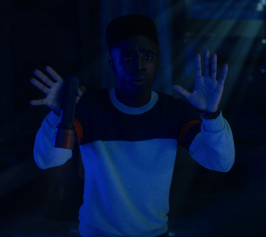 blue and grey sweatshirt - Caleb McLaughlin (Lucas Sinclair) - Stranger Things TV Show