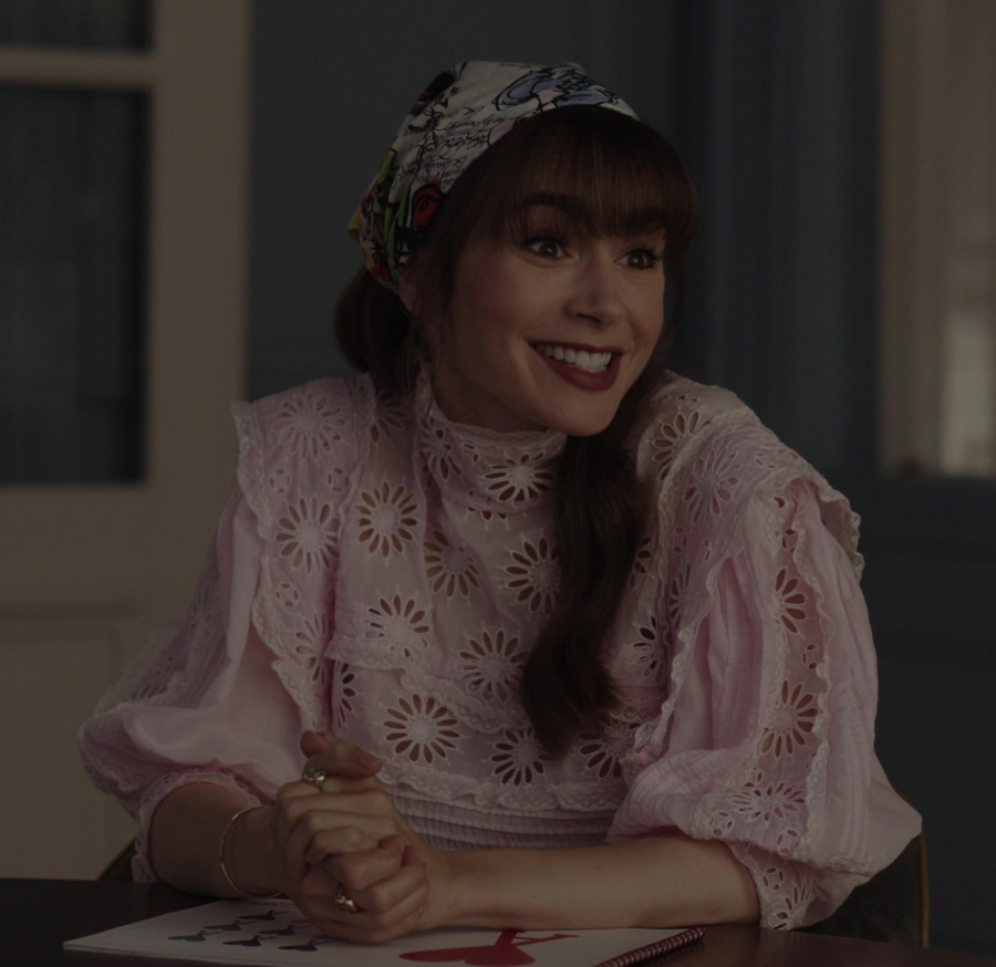 broderie-anglaise cropped blouse - Lily Collins (Emily Cooper) - Emily in Paris TV Show