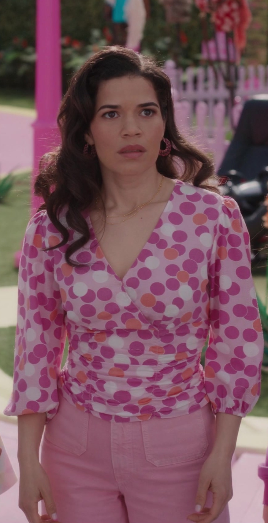 Pink Polka Dot Print Blouse Worn by America Ferrera as Gloria