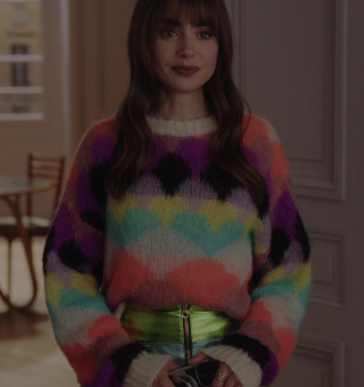 Multicolored Scallop Intarsia Knit Sweater Worn by Lily Collins as Emily Cooper Outfit Emily in Paris TV Show