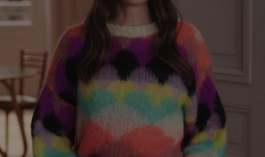 Multicolored Scallop Intarsia Knit Sweater Worn by Lily Collins as Emily Cooper