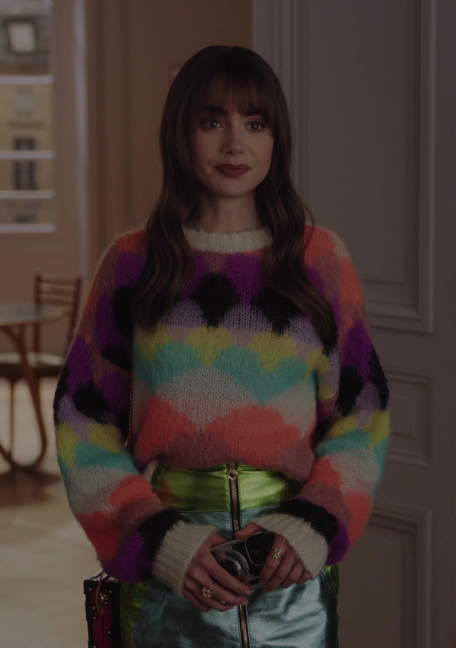 Multicolored Scallop Intarsia Knit Sweater Worn by Lily Collins as Emily Cooper