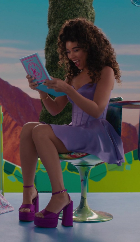 purple chunky heeled ankle strap sandals - Alexandra Shipp) - Barbie (2023) Movie