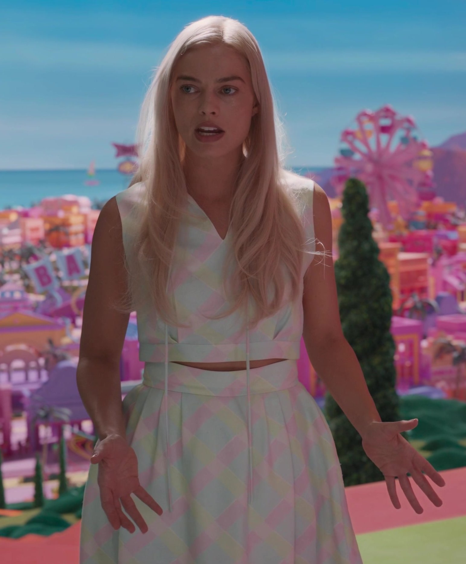 Pastel Multicolor Crop Top and Skirt Set Worn by Margot Robbie