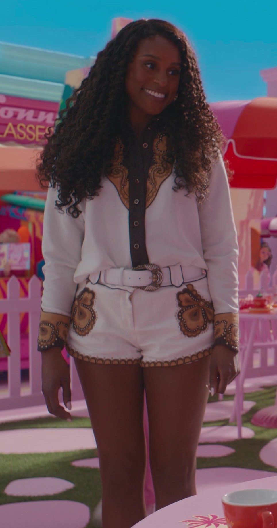 Worn on Barbie (2023) Movie - Western Emroidered Top and Shorts Set Worn by Issa Rae