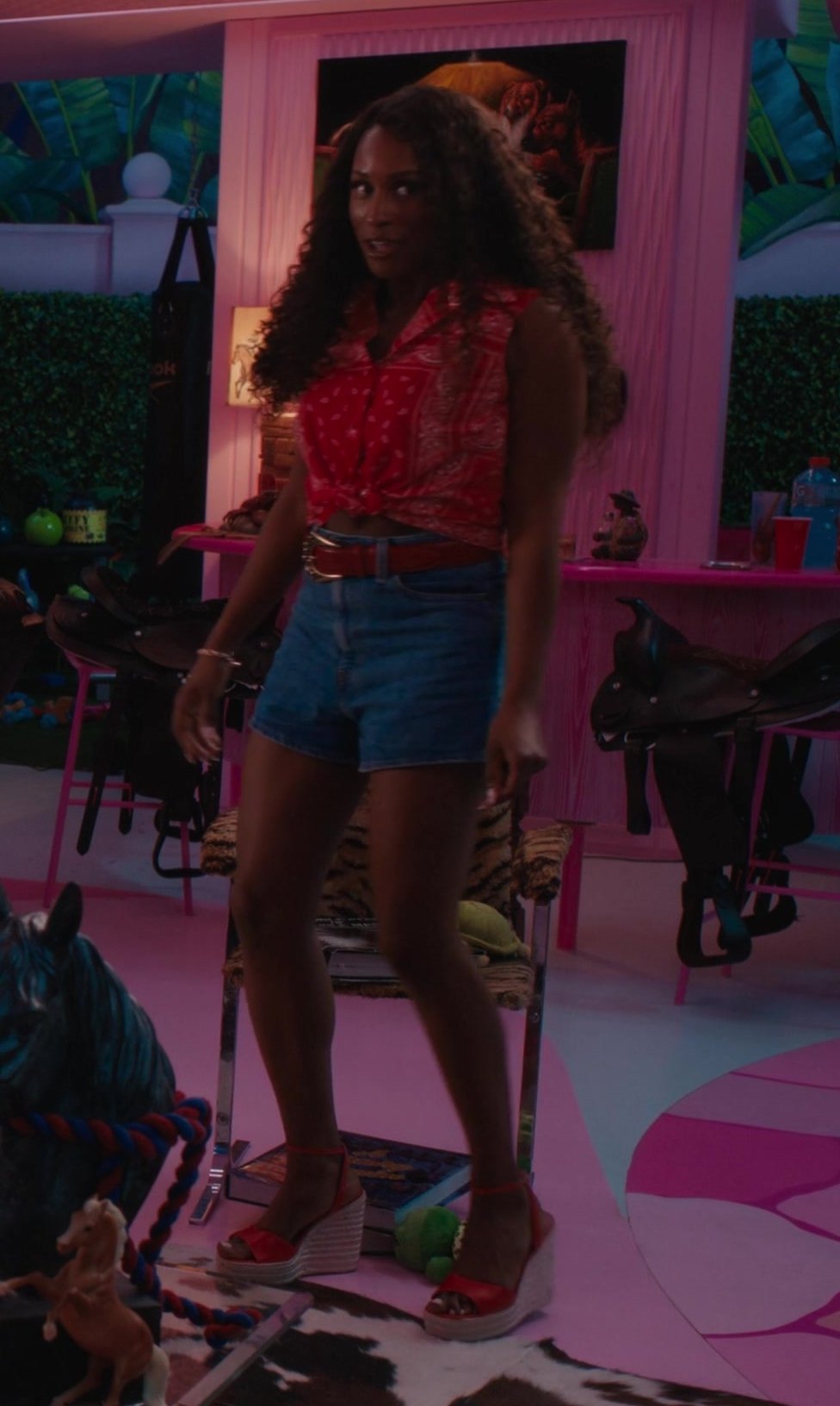 Worn on Barbie (2023) Movie - Red Printed Sleeveless Shirt of Issa Rae