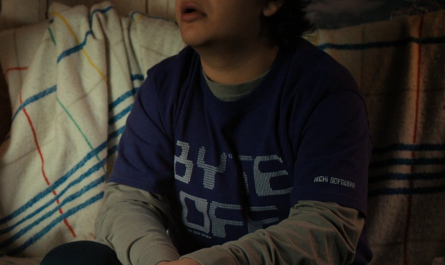 Byte Off Logo Purple T-Shirt Worn by Gaten Matarazzo as Dustin Henderson Outfit Stranger Things TV Show