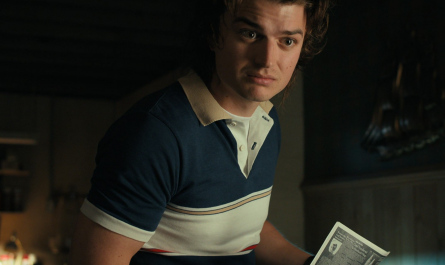 Blue and White Polo Shirt with Brown Collar Worn by Joe Keery as Steve Harrington Outfit Stranger Things TV Show