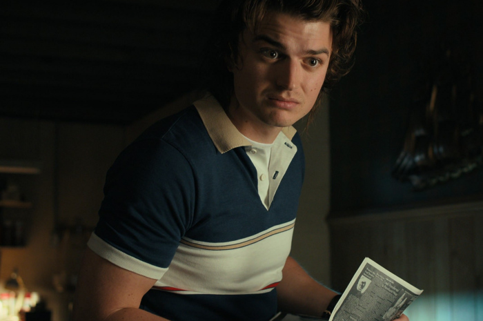 Blue and White Polo Shirt with Brown Collar Worn by Joe Keery as Steve Harrington Outfit Stranger Things TV Show