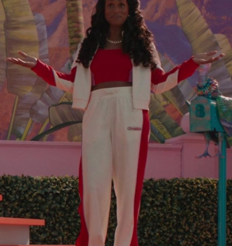 Red and White Tracksuit Worn by Issa Rae Outfit Barbie (2023) Movie