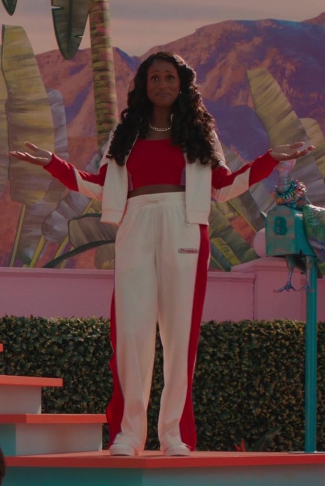 Worn on Barbie (2023) Movie - Red and White Tracksuit Worn by Issa Rae