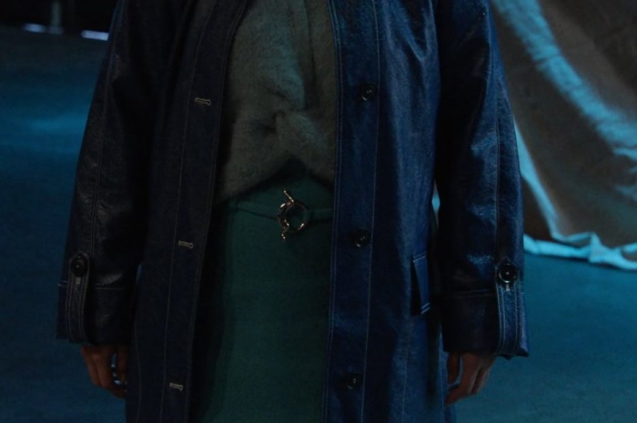 Blue Distressed Faux Leather Trench Coat of Selena Gomez as Mabel Mora Outfit Only Murders in the Building TV Show