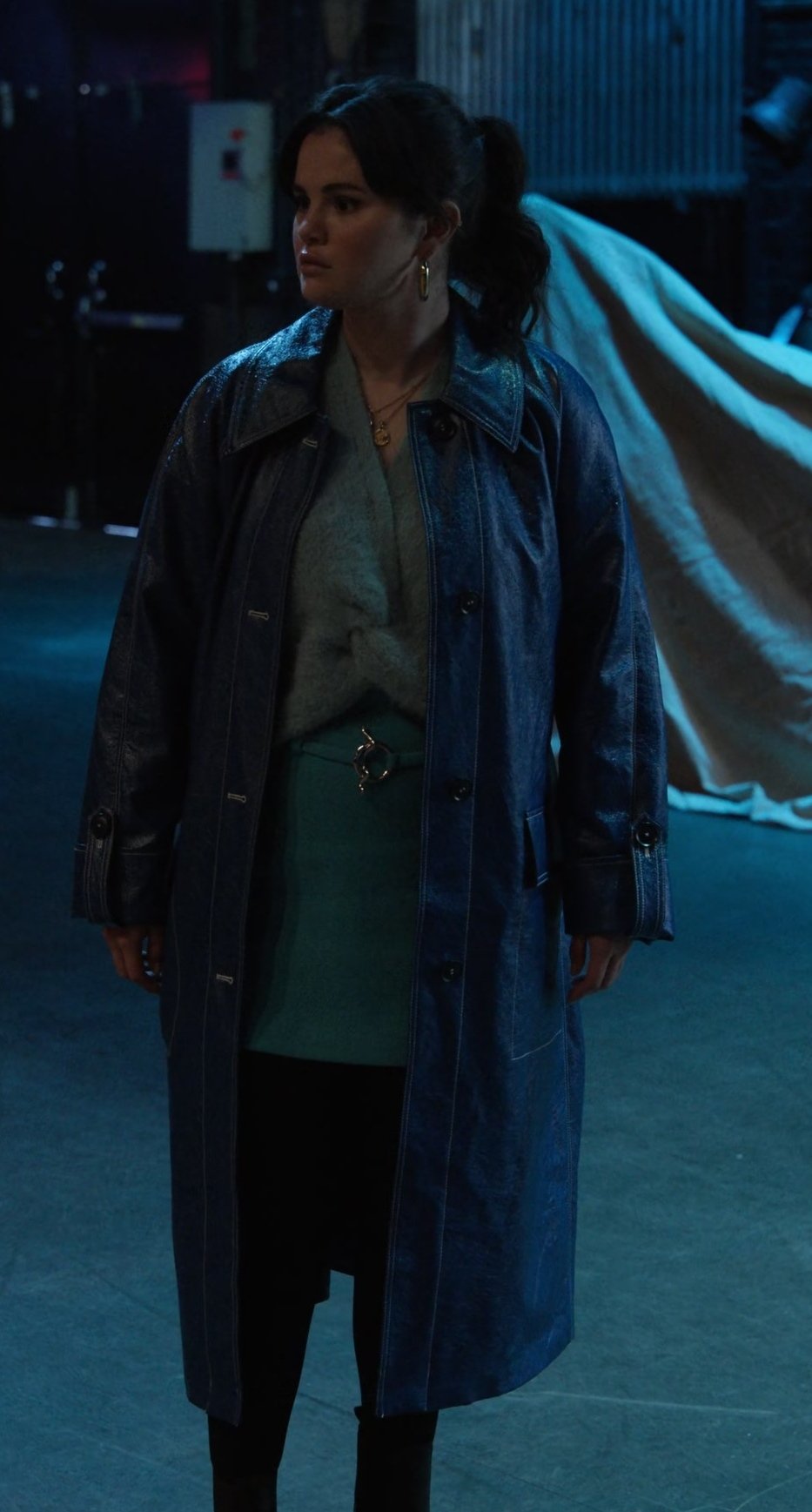 Worn on Only Murders in the Building TV Show - Blue Distressed Faux Leather Trench Coat of Selena Gomez as Mabel Mora