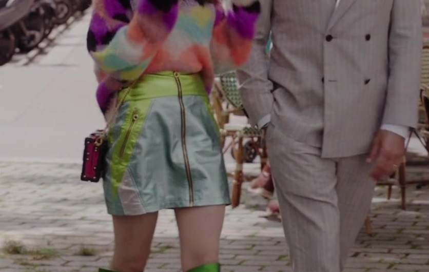 Metallic Zip-Fron Mini Skirt Worn by Lily Collins as Emily Cooper