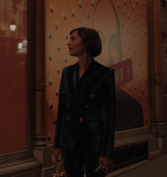 Velvet Blazer and Pants of Lily Collins as Emily Cooper Outfit Emily in Paris TV Show