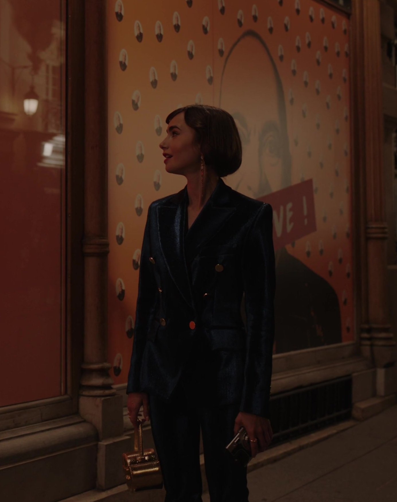 Velvet Blazer and Pants of Lily Collins as Emily Cooper