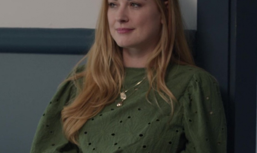 Green Flattering Fit Half Sleeved with Ruffles Top of Alexandra Breckenridge as Mel Monroe