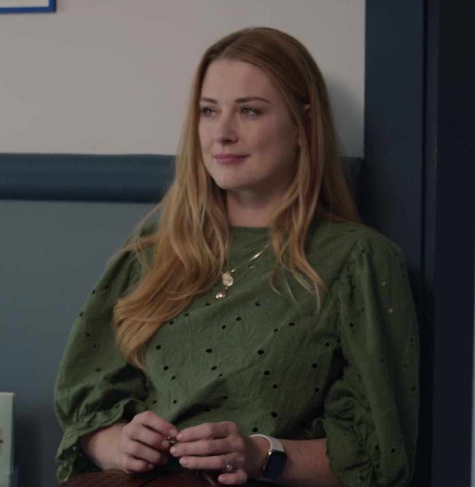 Green Flattering Fit Half Sleeved with Ruffles Top of Alexandra Breckenridge as Mel Monroe