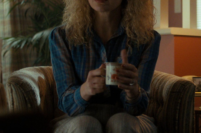 Blue and Brown Checkered Shirt Worn by Cara Buono as Karen Wheeler Outfit Stranger Things TV Show