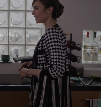 Fringed Houndstooth Jacket Worn by Lily Collins as Emily Cooper Outfit Emily in Paris TV Show
