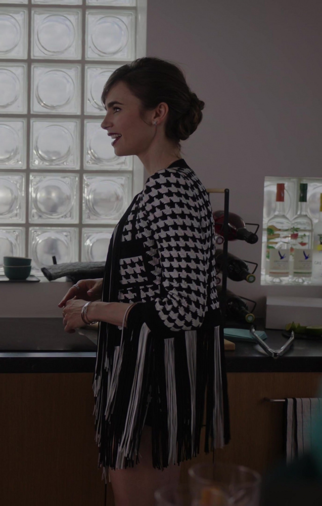 fringed houndstooth jacket - Lily Collins (Emily Cooper) - Emily in Paris TV Show