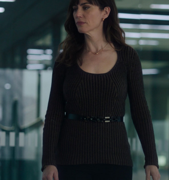 Brown Plaited Rib Scoop Neck Sweater Worn by Maggie Siff as Wendy Rhoades Outfit Billions TV Show
