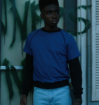 Blue T-Shirt Worn by Caleb McLaughlin as Lucas Sinclair Outfit Stranger Things TV Show