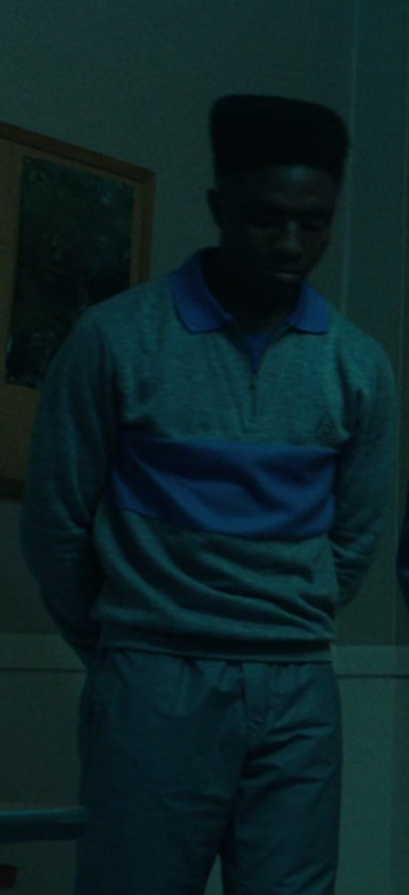 Grey and Blue Quarter Zip Long Sleeve Shirt Worn by Caleb McLaughlin as Lucas Sinclair