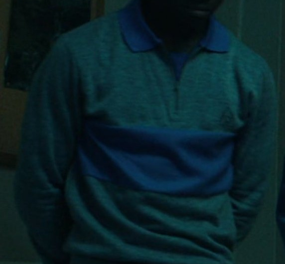Grey and Blue Quarter Zip Long Sleeve Shirt Worn by Caleb McLaughlin as Lucas Sinclair