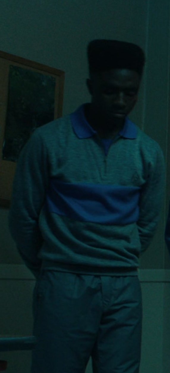 Worn on Stranger Things TV Show - Grey and Blue Quarter Zip Long Sleeve Shirt Worn by Caleb McLaughlin as Lucas Sinclair
