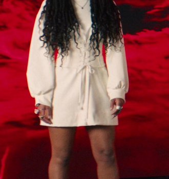 White Long Sleeve Mini Dress of Jaz Sinclair as Marie Moreau Outfit Gen V TV Show
