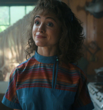 Blue with Multicolor Stripes Top of Natalia Dyer as Nancy Wheeler Outfit Stranger Things TV Show