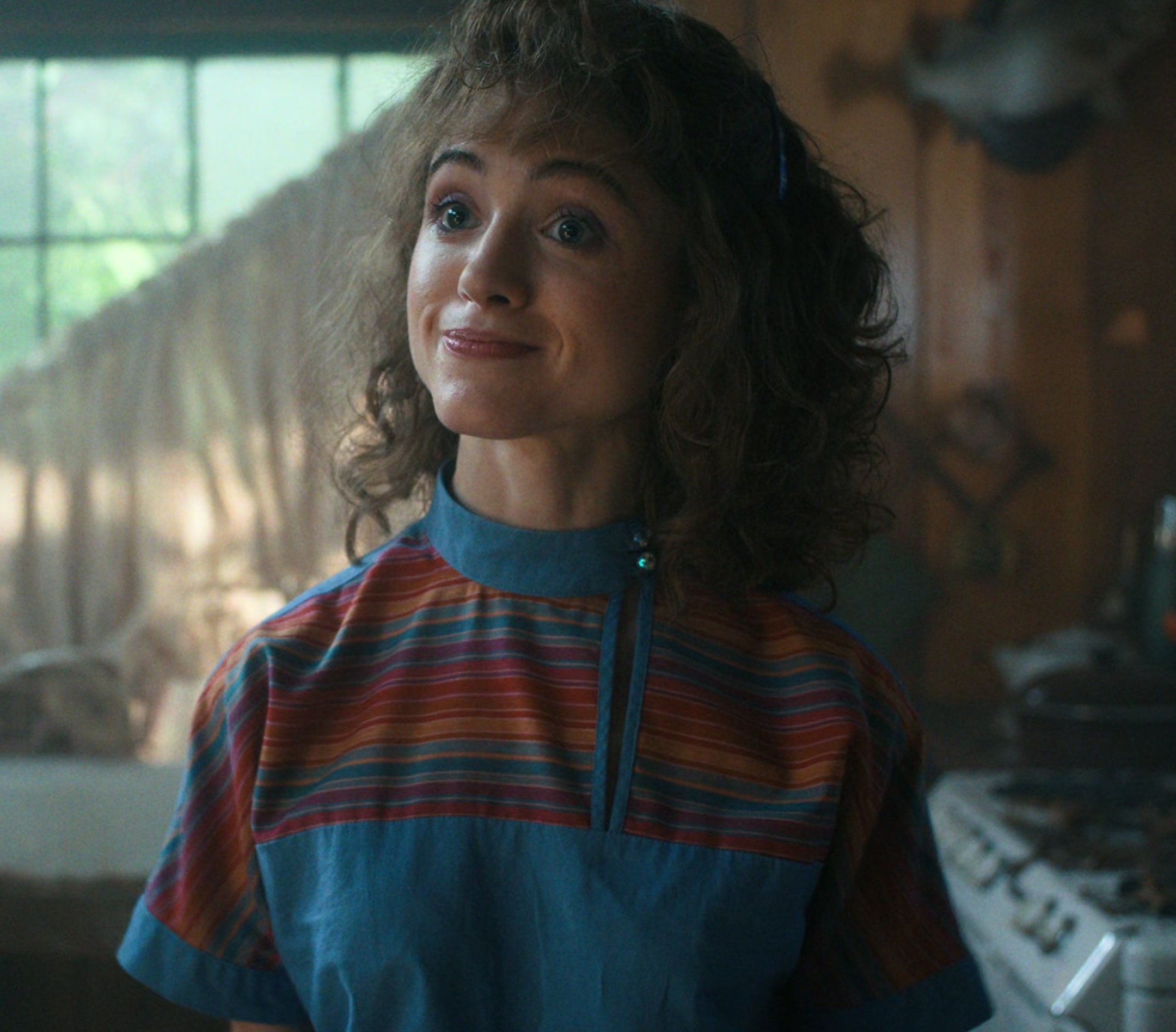 Worn on Stranger Things TV Show - Blue with Multicolor Stripes Top of Natalia Dyer as Nancy Wheeler