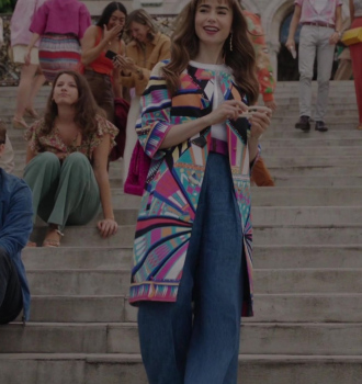 Printed Single Breasted Evening Coat with Decorative Buttons Worn by Lily Collins as Emily Cooper Outfit Emily in Paris TV Show
