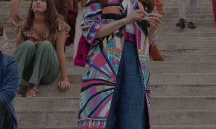 Printed Single Breasted Evening Coat with Decorative Buttons Worn by Lily Collins as Emily Cooper Outfit Emily in Paris TV Show
