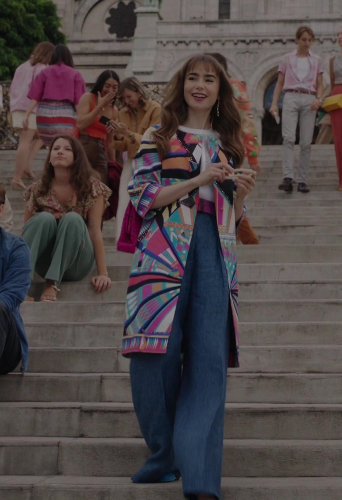 printed single breasted evening coat with decorative buttons - Lily Collins (Emily Cooper) - Emily in Paris TV Show