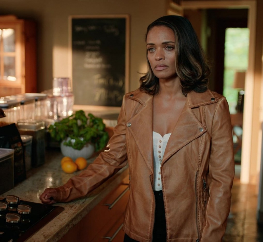 Brown Leather Biker Jacket Worn by Kandyse McClure as Kaia from Virgin River TV Show