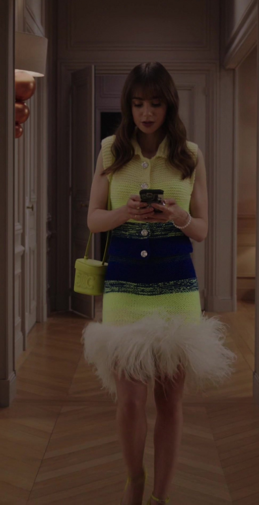 knit top and skirt with feather trim - Lily Collins (Emily Cooper) - Emily in Paris TV Show