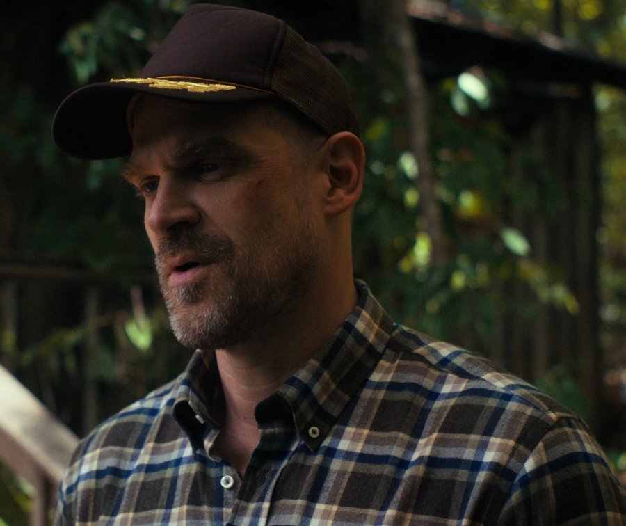 Cap with a Gold Leaf Insignia on the Brim of David Harbour as Jim Hopper from Stranger Things TV Show