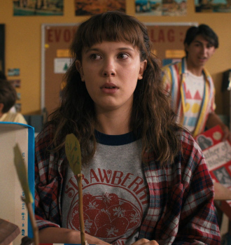 Strawberry Print Grey T-Shirt Worn by Millie Bobby Brown as Eleven / Jane Hopper ("El") Outfit Stranger Things TV Show